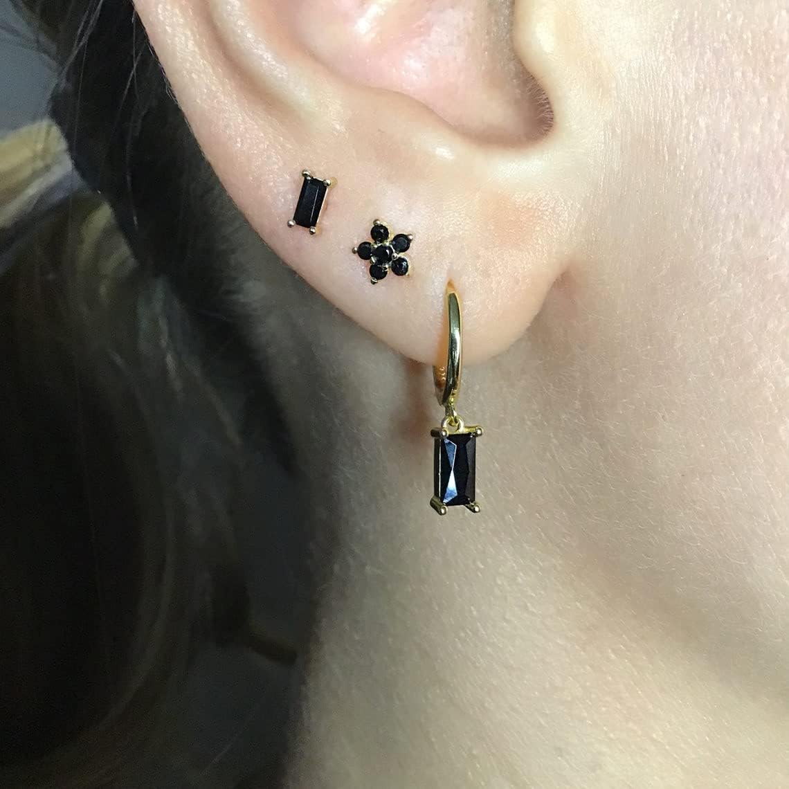 Dainty Dangle Hoop Earrings with Baguette CZ for Women Girls, Sterling Silver Small Huggie Earring with Cubic Zirconia Charm - Image 2