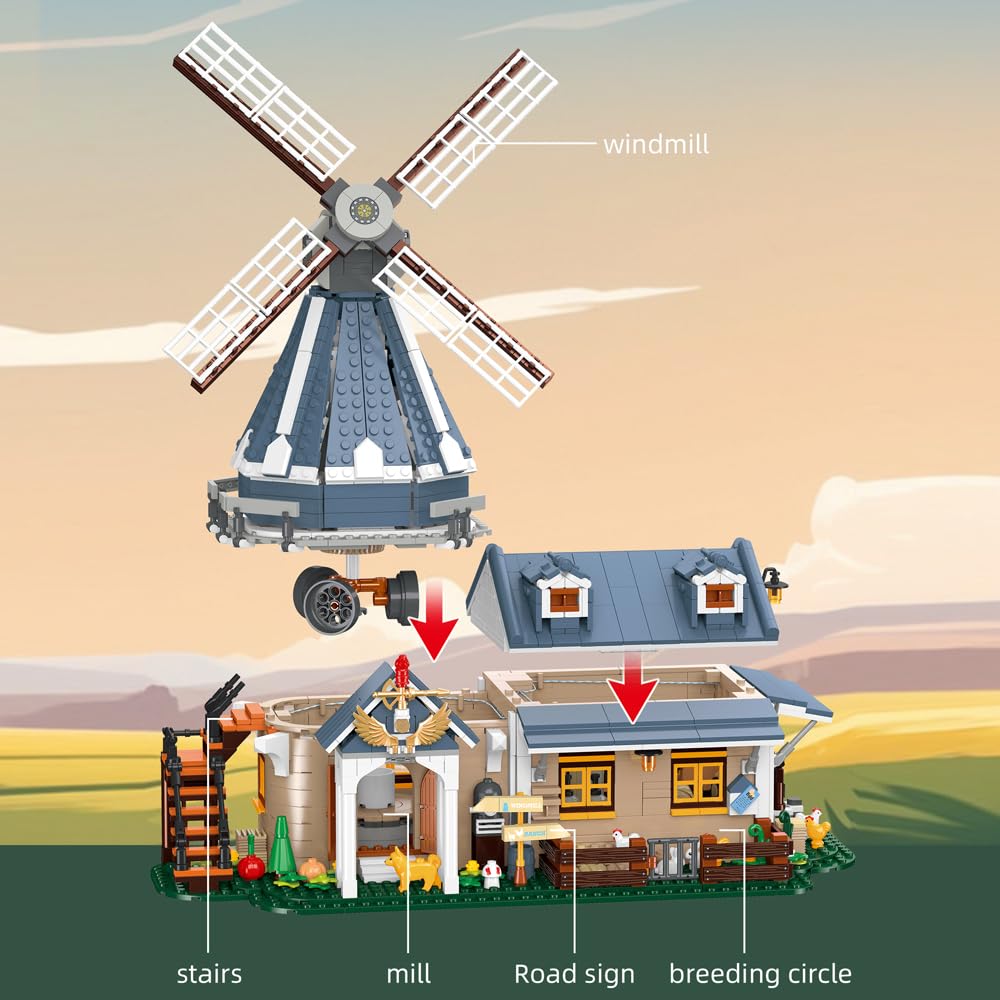 39197 - Juego de bloques de construcción de molino de viento de pasto, equipado con iluminación, 1742 piezas de bloques de construcción de molino de viento de pasto, regalos de modelo para