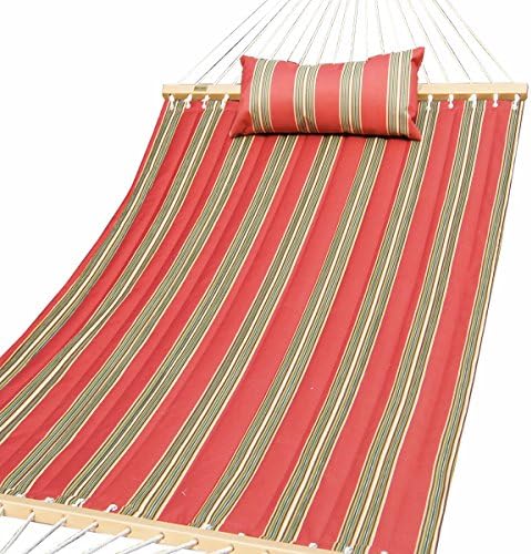 PG PRIME GARDEN Quilted Fabric Hammock with Pillow, Hardwood Spreader Bars, 2 People, Red/Army Green