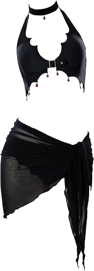 MEOWCOS Goth Bikini Bathing Suit Swimsuit Gothic Style Black Halter Bikini Set with Black Sarong Cover Up
