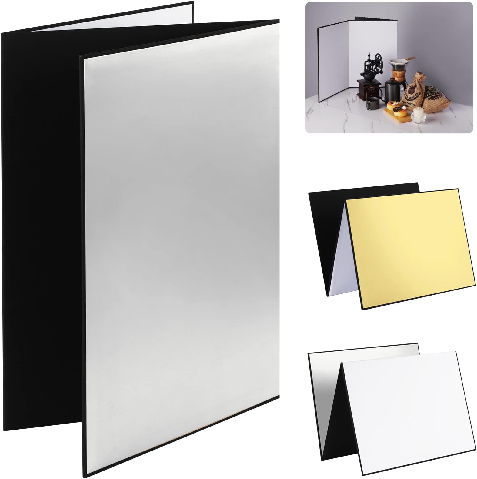 Selens 4 in 1 Light Reflector Photography Cardboard Diffuser 29.7x21cm Folding Board for Product Food Props Jewelry Still Life Shooting Silver/White/Gold/Black A4