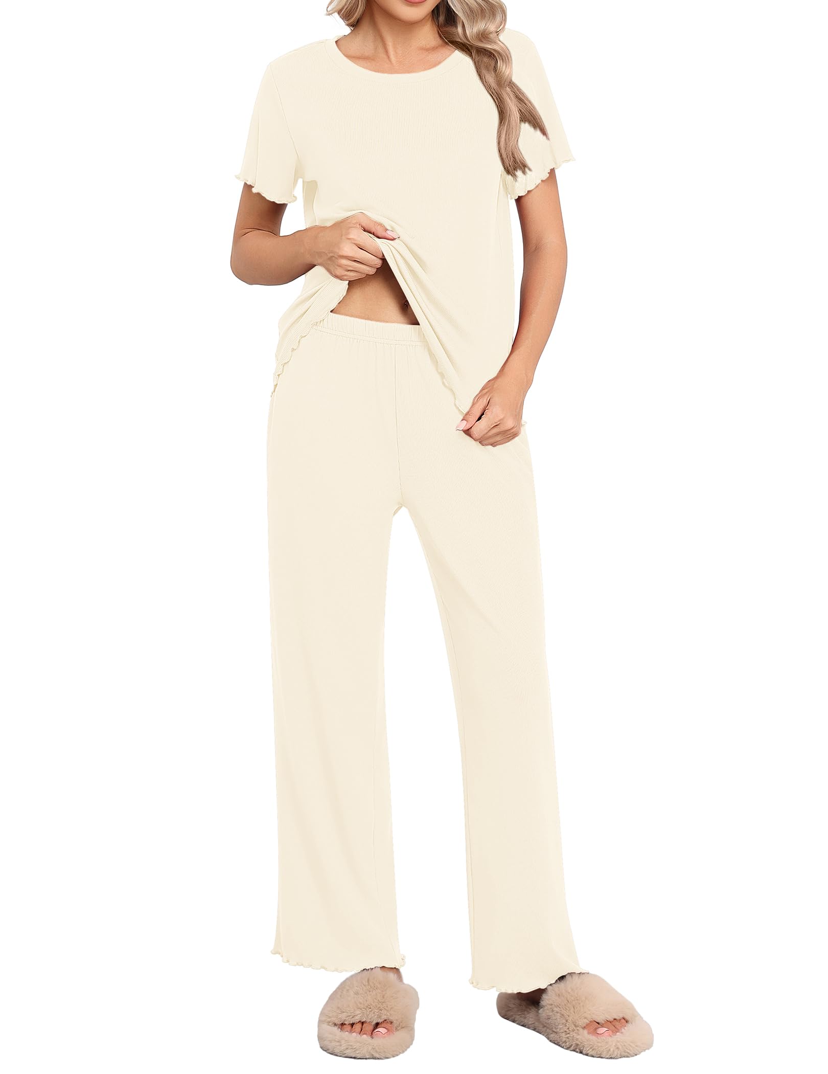 Ekouaer 2-delige pyjamaset voor dames, korte mouwen, leuke bedrukte tops en broeken, nachtkleding S-XXL, Grijze sterren, S