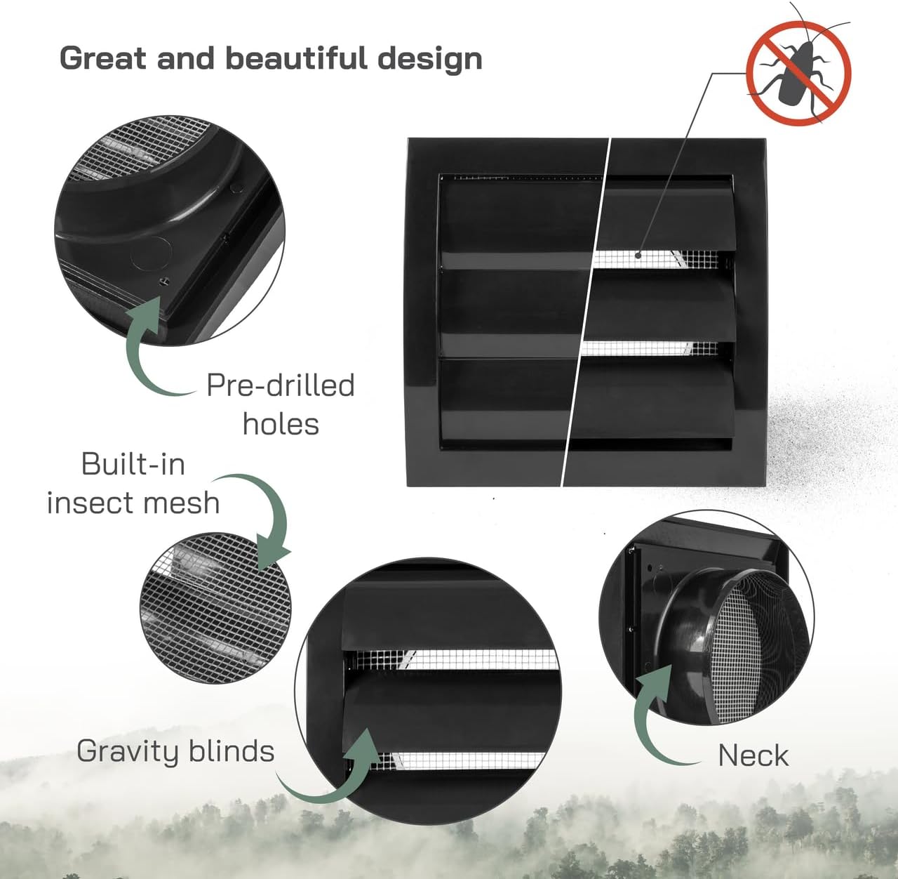 Vent Systems 4'' Inch Black Air Vent Cover, Dryer Vents and Bathroom Exhaust Vent Pipe, Louvered Outdoor Dryer Vent Cover Opening Flap Vent, Keeps Out Insects, Birds and Rodents