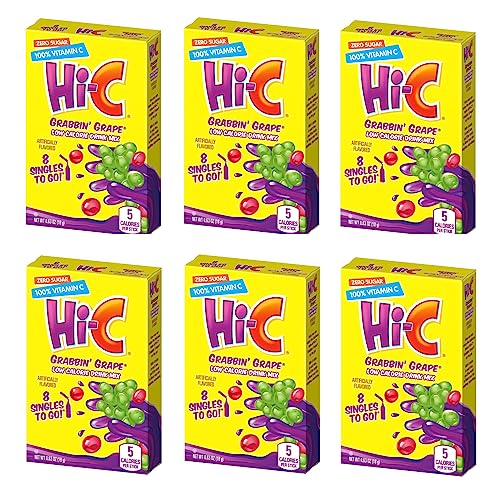 Hi-C Singles To Go Drink Mix Grabbin' Grape Pack of 6, 48 Total Servings - 8 servings per box, Low Calorie - Zero Sugar, Water Enhancer with Vitamin C