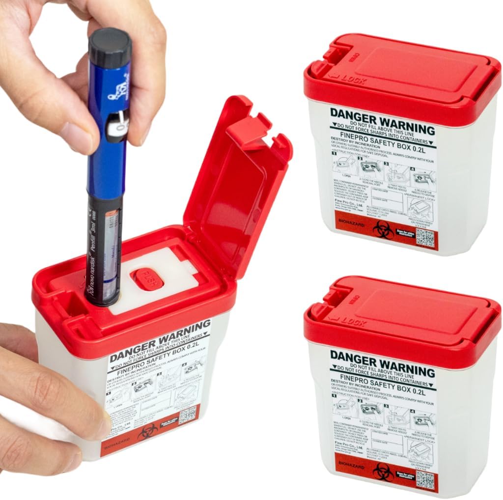 0.2L Size Portable Pen-Needle Disposal Container [Pack of 3] Diabetes Care (0.2L, Red+Clear, 3)