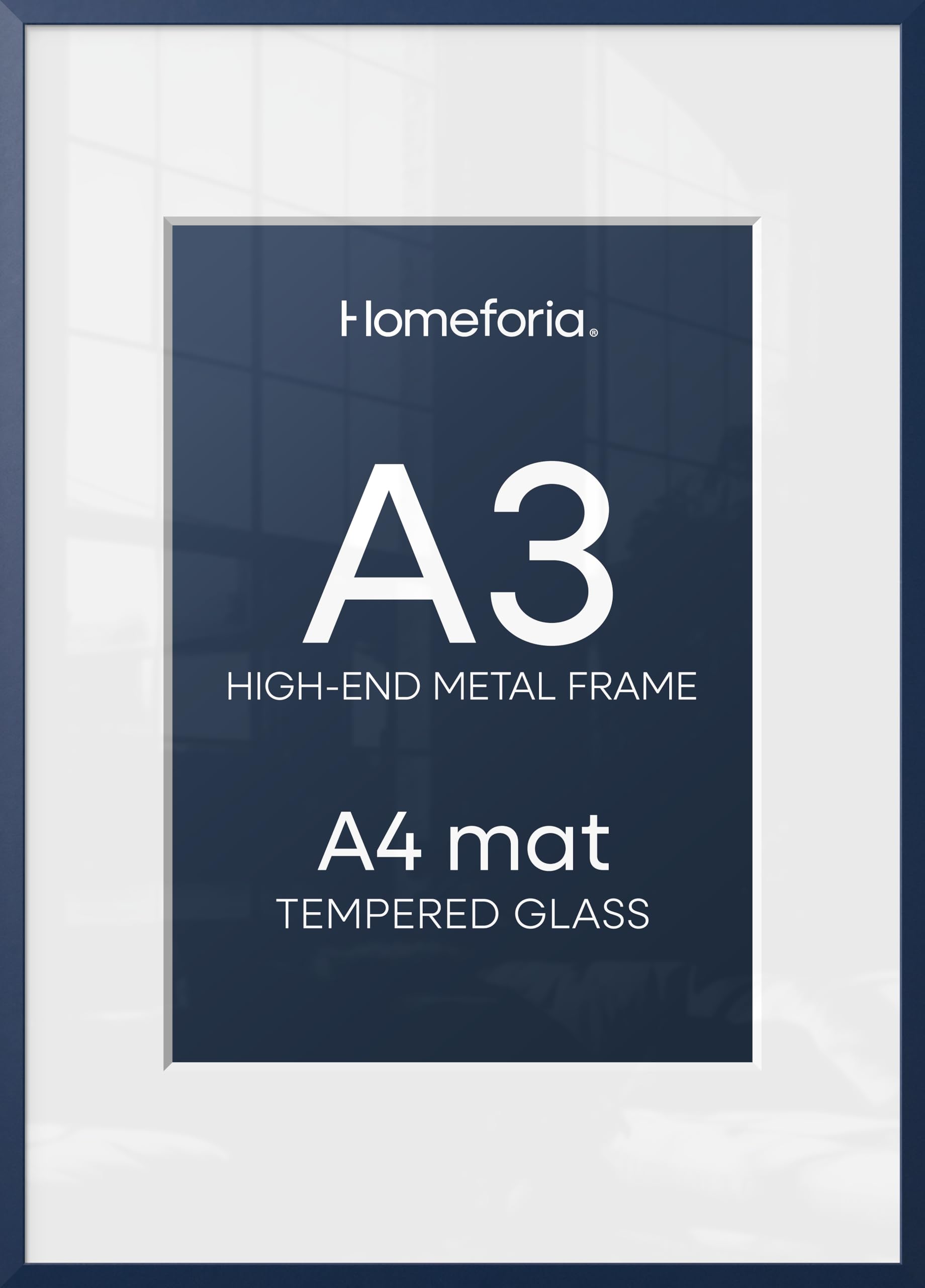 Homeforia A3 Blue Picture Frame, High-End Metal, A4 Mat, Glass | High End Aluminum, Tempered Glass, Acid-Free A4 Removable Mat, A3 Edge-to-Edge Display, Wall Kit, Set Of 1