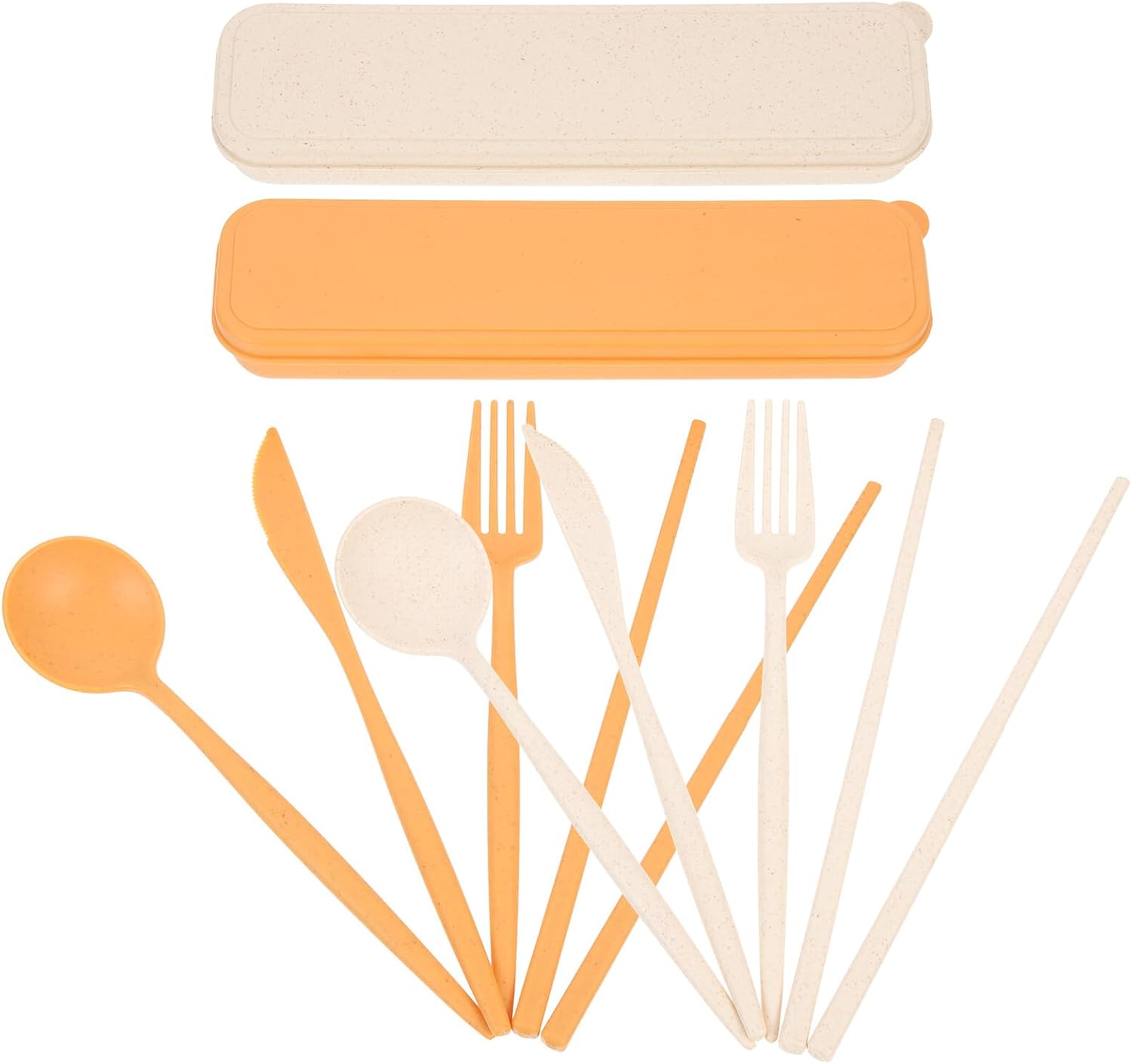 Levemolo Portable Travel Flatware Set 8pcs, 2 Sets Beige Yellow, Lightweight Cutlery Kit with Fork Spoon Chopsticks for Outdoor Camping Picnic Hiking Use