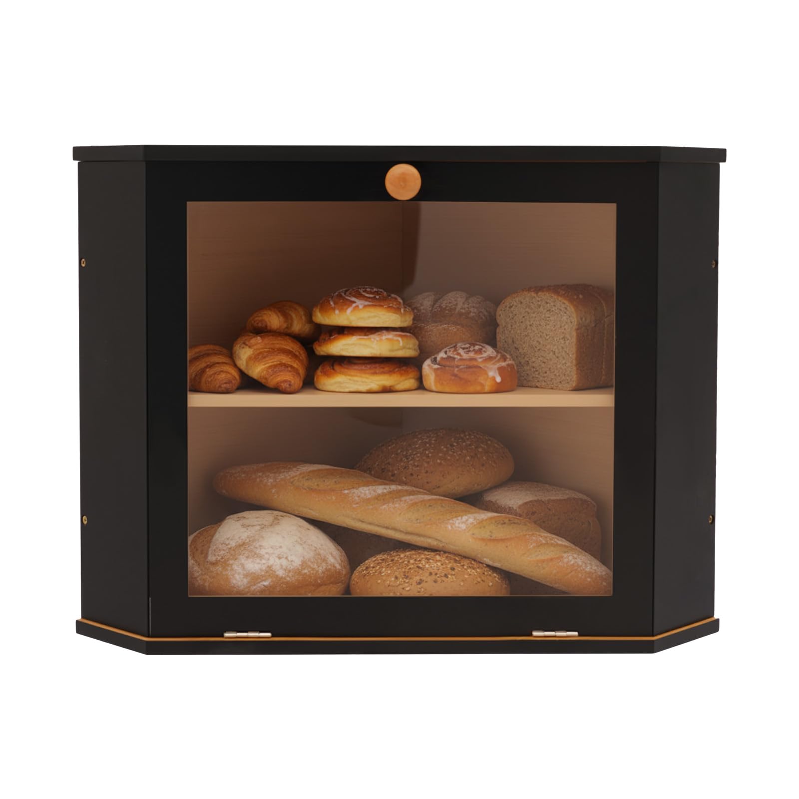 Chlebak, 2-poziomowy bambusowy narożny chlebak, 2-poziomowy pojemnik na pieczywo z drewna, czarny, z zamknięciem magnetycznym i okienkiem, 32 x 32 x 34 cm