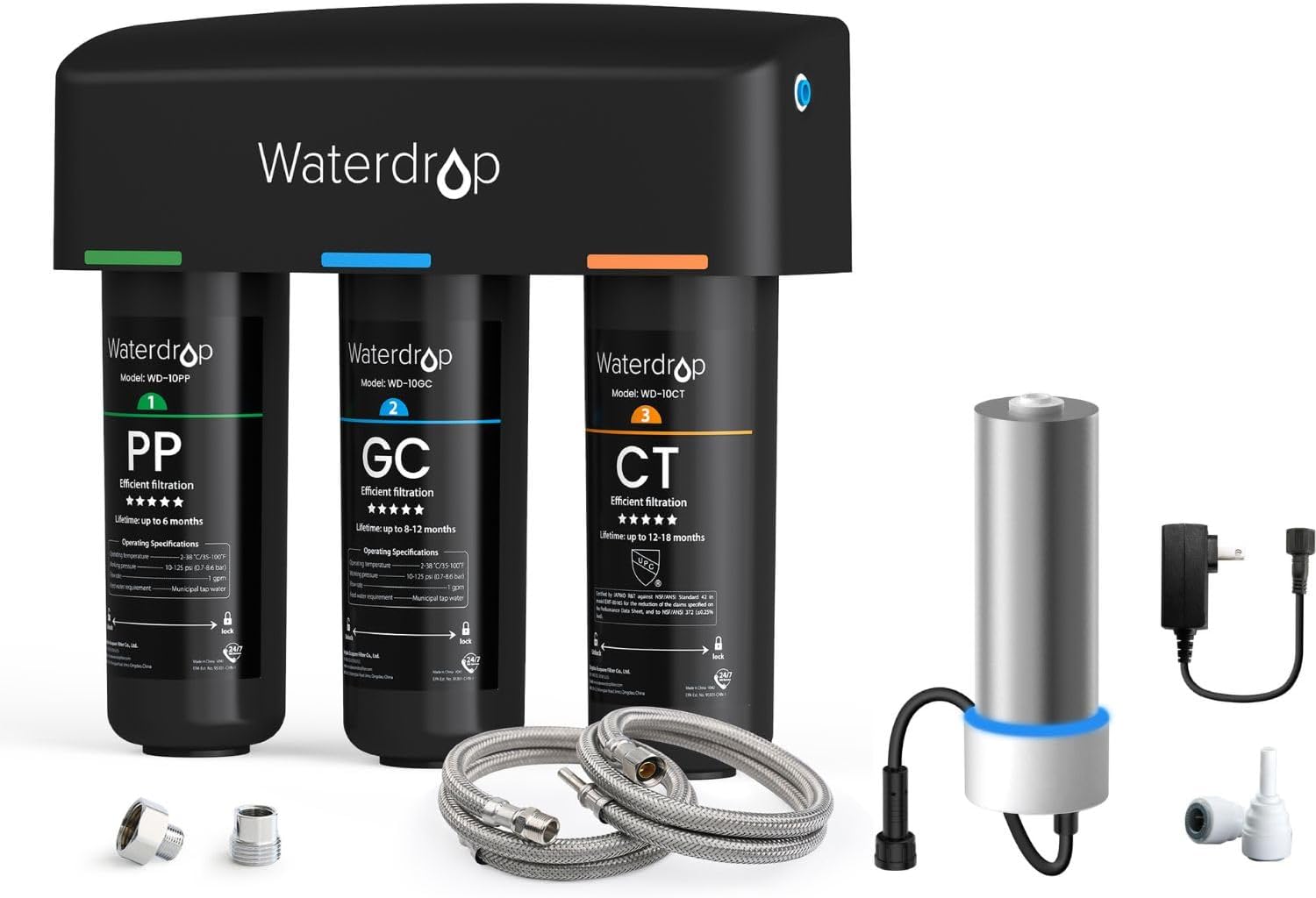 Waterdrop TSA 8 Layer + LED Under Sink Water Filter System, Under Sink Water Filtration System, Reduces PFAS, PFOA/PFOS, Fluoride, Chlorine, Bad Taste & Odor