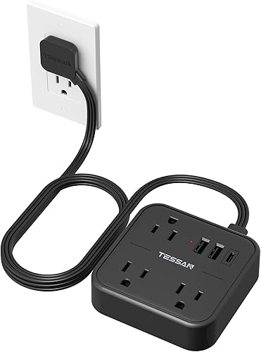 Miniatura 12 de TESSAN Cable de extensión plano ultradelgado de 5 pies, regleta de alimentación delgada con puertos USB (1 USB C), protector contra sobretensiones