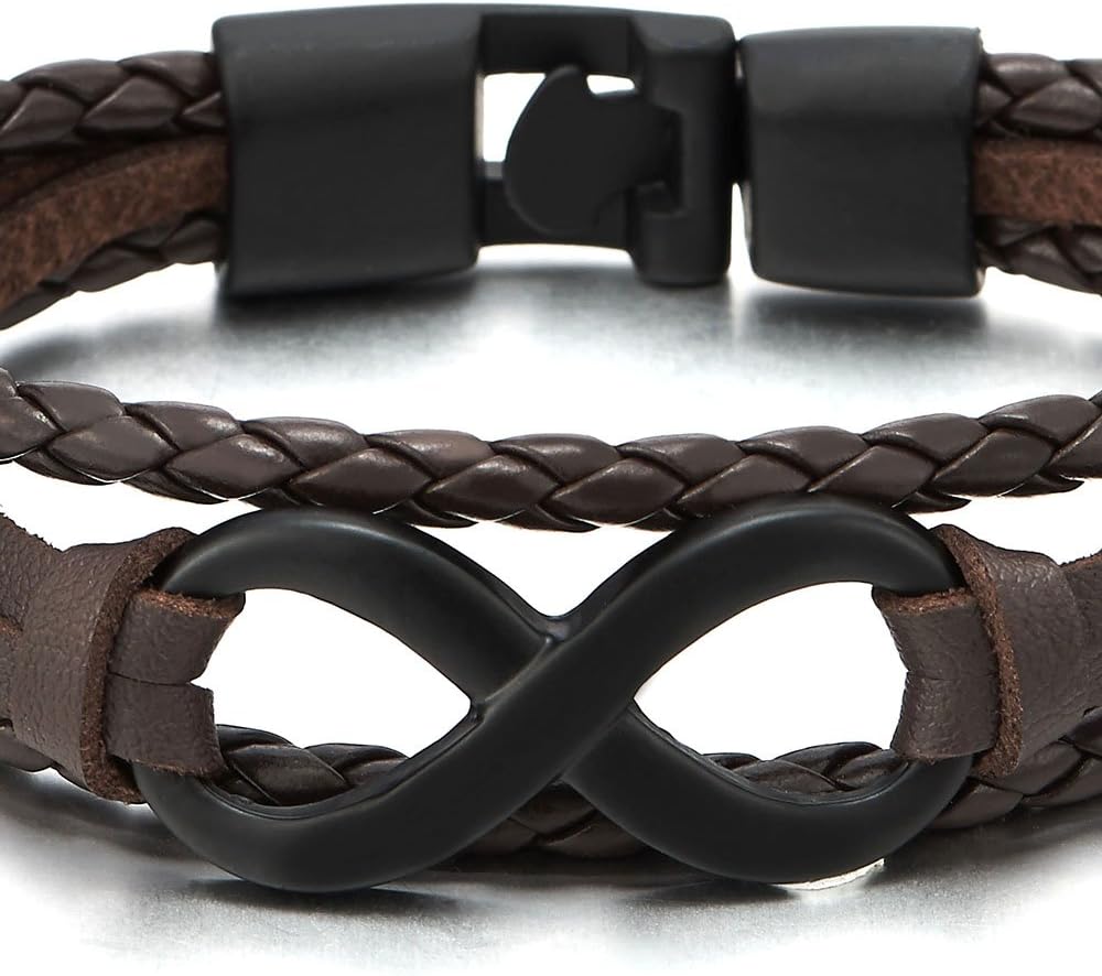 COOLSTEELANDBEYOND Infinity Love Number 8 Leather Bangle Bracelet for Men Women Three-Row Wristband - Image 2