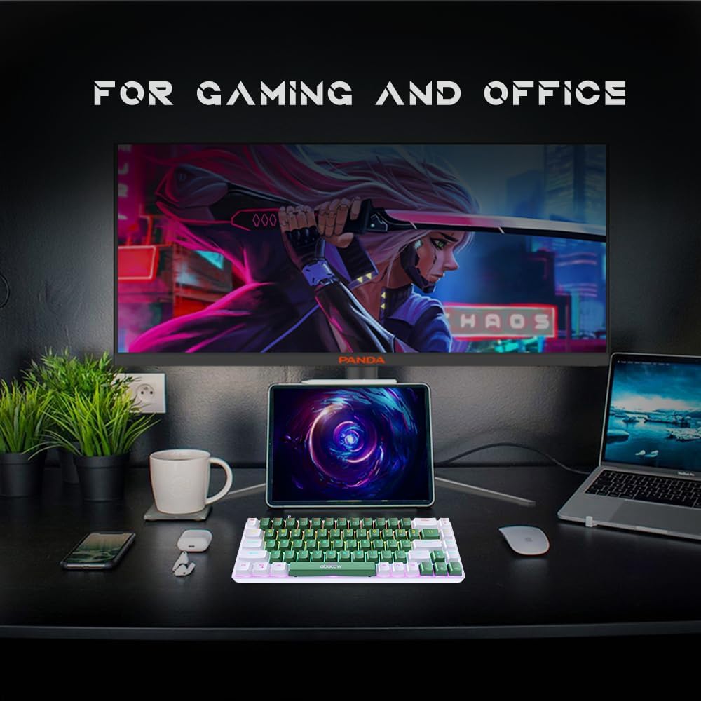 abucow 68-Key Mechanical Keyboard with Blue Backlight 60% Gaming Keyboard Black-Gray Keycaps - Red Switches for a Premium Typing and Gaming Experience on PC and Mac (White-Green)