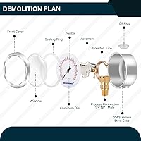 Vista 60 de MEASUREMAN - Manómetro hidráulico relleno de glicerina, totalmente de acero inoxidable, tamaño del dial de 2.5 pulgadas, montaje inferior NPT de 1/4