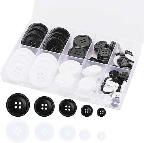 Miniatura 1 de 100 botones de costura de resina de alta calidad, botones ecológicos de 4 agujeros, 5 tamaños de botones redondos negros mezclados adecuados para