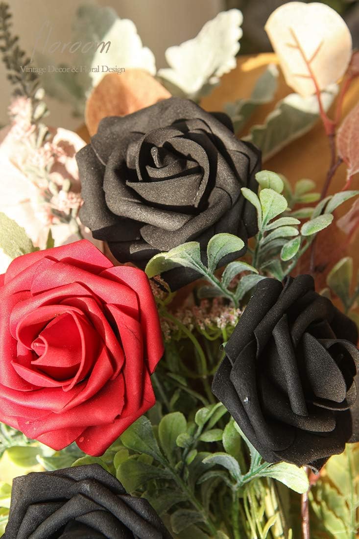 Floroom Artificial Flowers 25pcs Real Looking Black Foam Fake Roses with Stems for DIY Wedding Bouquets Centerpieces Arrangements Party Tables Home Halloween Decorations - Image 4