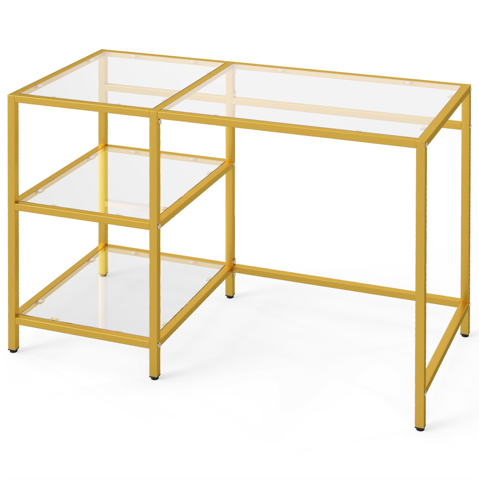 CASART Tempered Glass Computer Desk, Modern Office Desk Writing Table with Open Shelves, Metal Frame PC Laptop Table Workstation for Study Room Living Room (Gold)