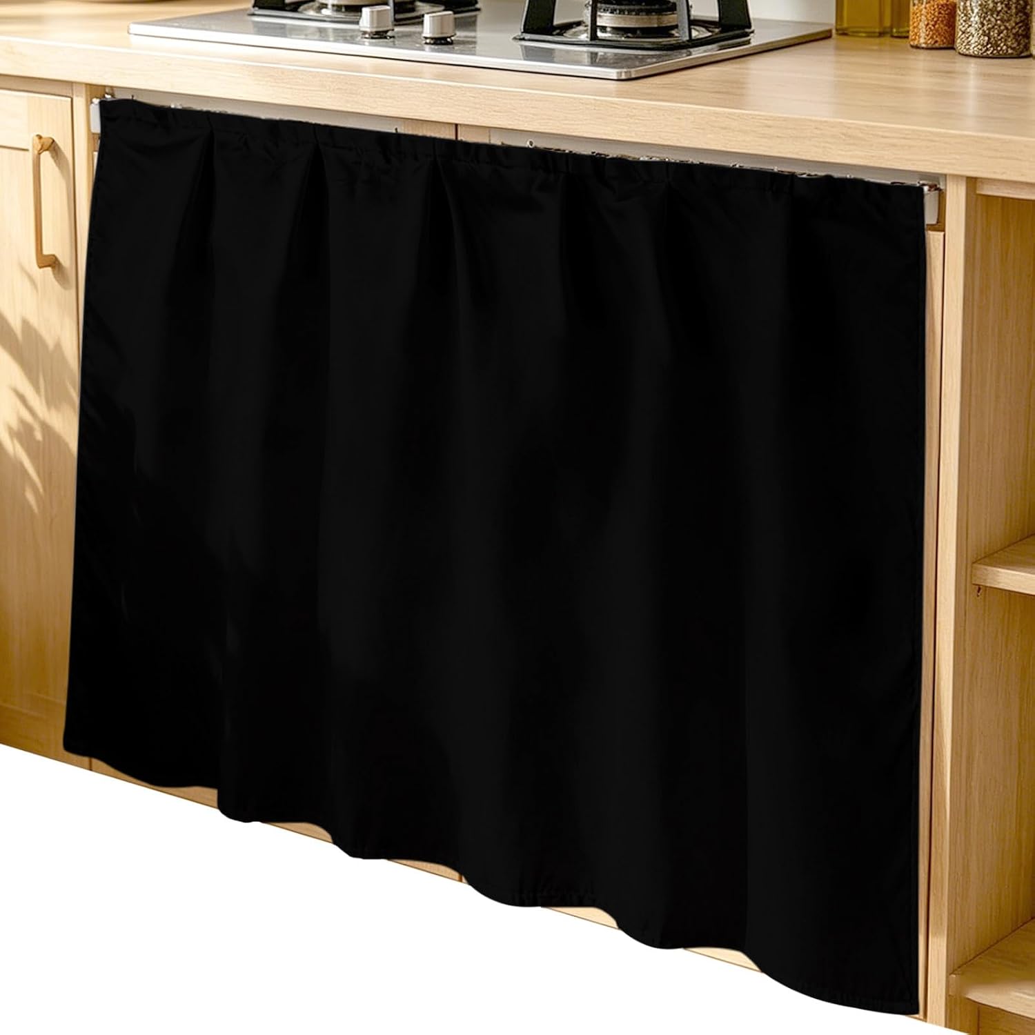 Cabinet Curtains 35" W x 35" L, Black Sink Skirt for Bathroom Vanity Kitchen Self Adhesive, Pure Black Dust-Proof Privacy Curtain for Shelves Closet Laundry Room Pantry