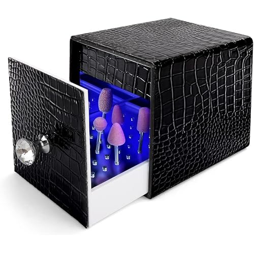 Nail Drill Bit Holder,Blue UV Light Box for Grinding Heads Dustproof Stand Displayer Acrylic 48 Holes Nail Salon Organizers Manicure Tools with USB Charging, Black (Not Inlcude Drill Bits)