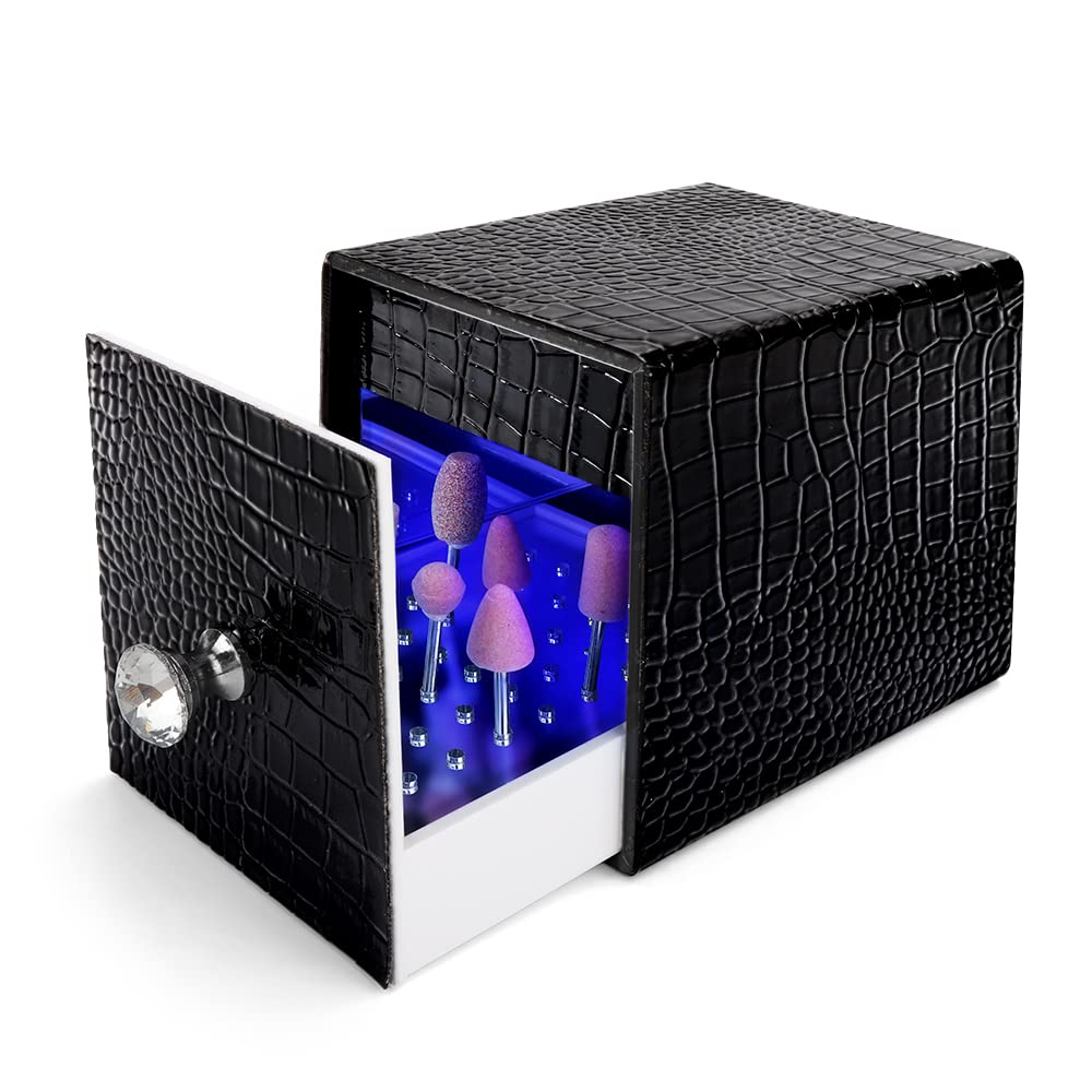 Nail Drill Bit Holder,Blue UV Light Box for Grinding Heads Dustproof Stand Displayer Acrylic 48 Holes Nail Salon Organizers Manicure Tools with USB Charging, Black (Not Inlcude Drill Bits)