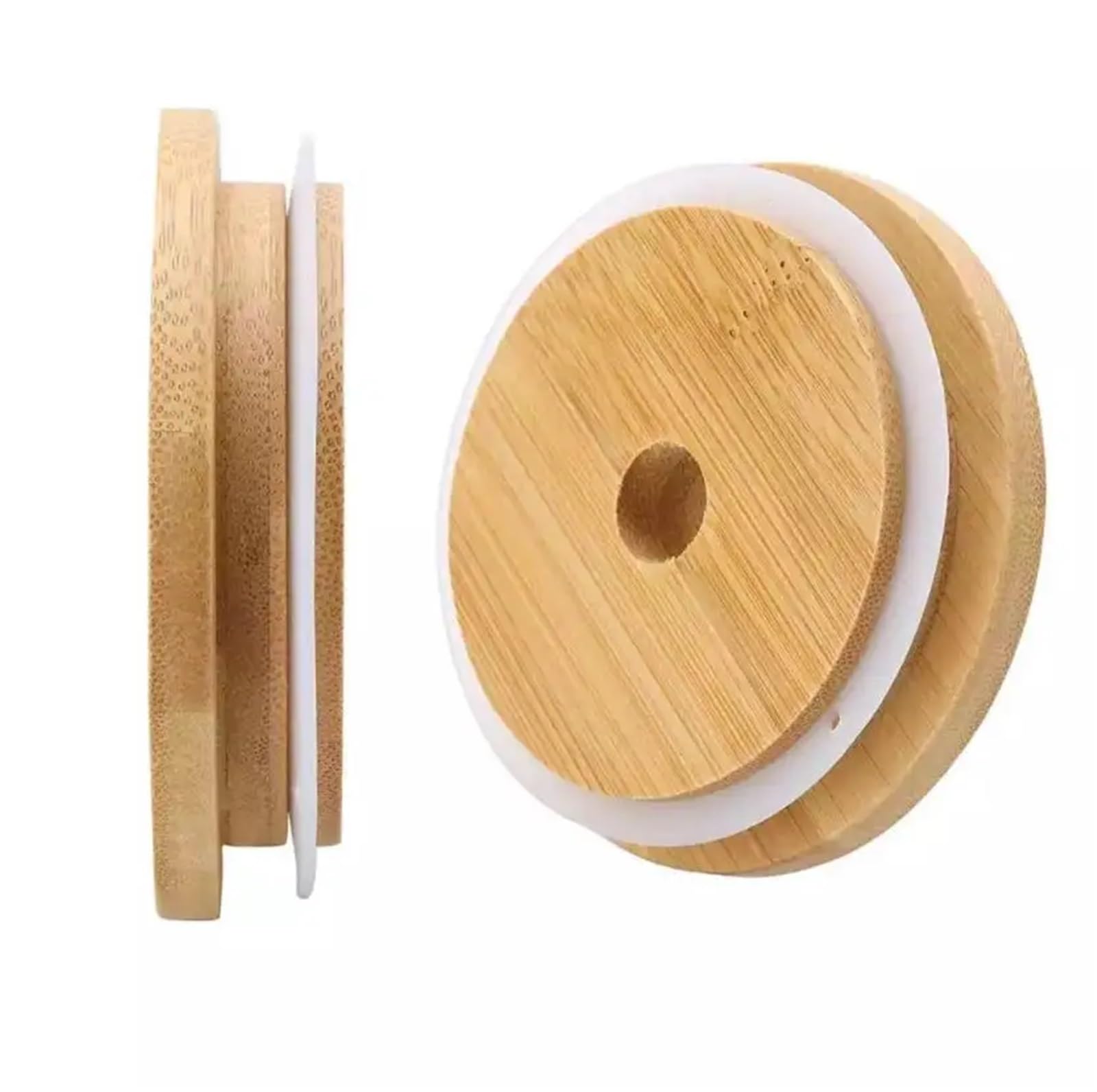 20 coperchi per tazze in vetro di bambù, 70 mm, 86 mm, riutilizzabili, in legno, con foro per cannuccia, guarnizione in silicone