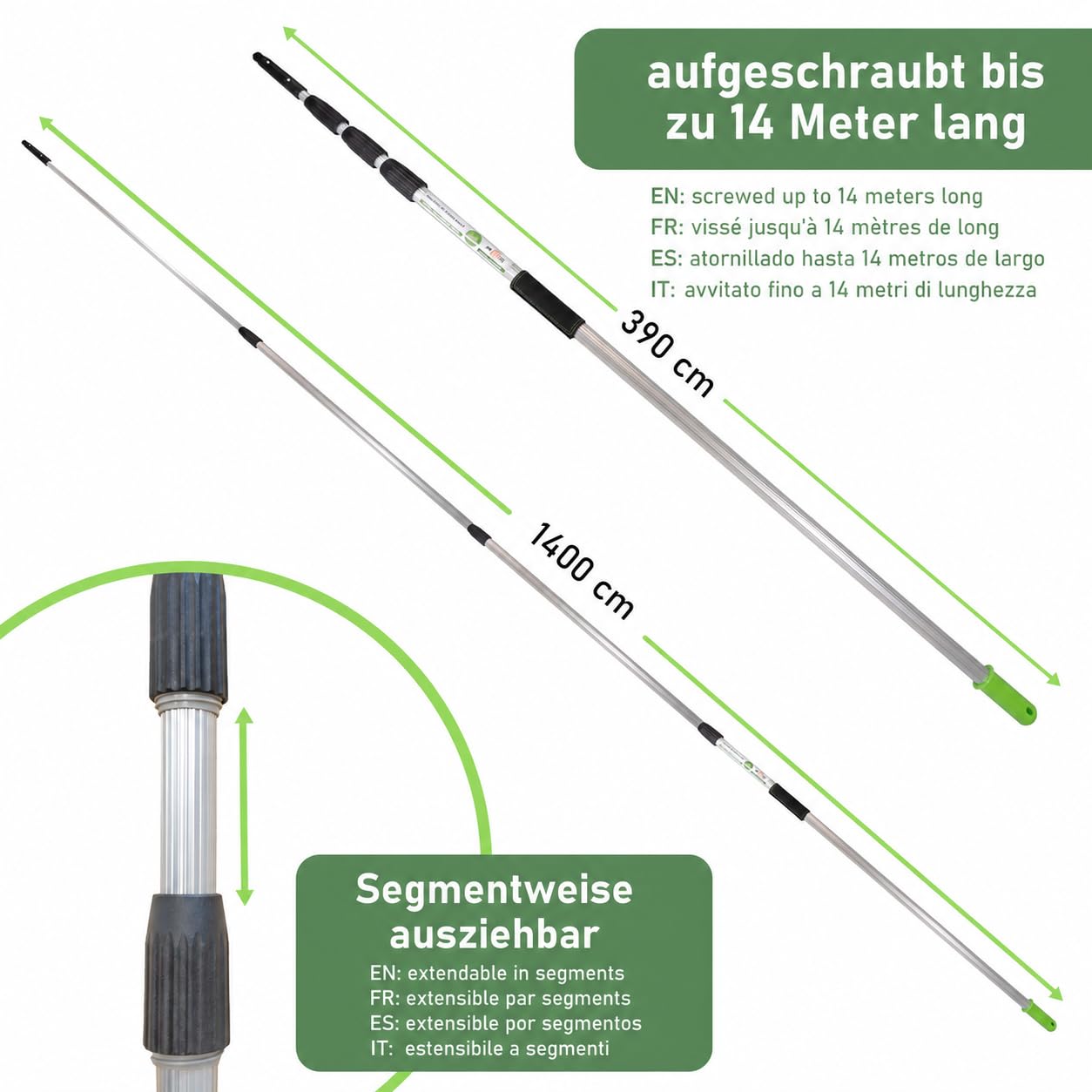 Profi Teleskopstange 14m für Fenster Solar & Glasreinigung | 5 Stangen wählbar 8/10 / 12/14 / 16 Meter, Profi Edition mit Gleitstein + Grip Protector, Reinigen Glas Terassendach Solar