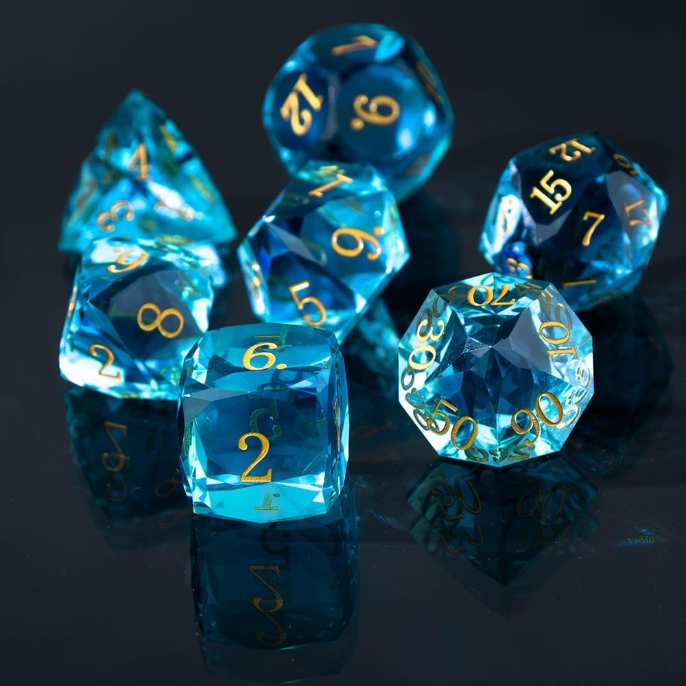 Resin DND Dice Set, 7 Pieces Handmade Sharp Edge Polyhedral Dice for Role Playing Game, Dice Accessory for D&D RPG Players and Starters d4 d6 d8 d10 d12 d20 with Gift Box (Light Blue)