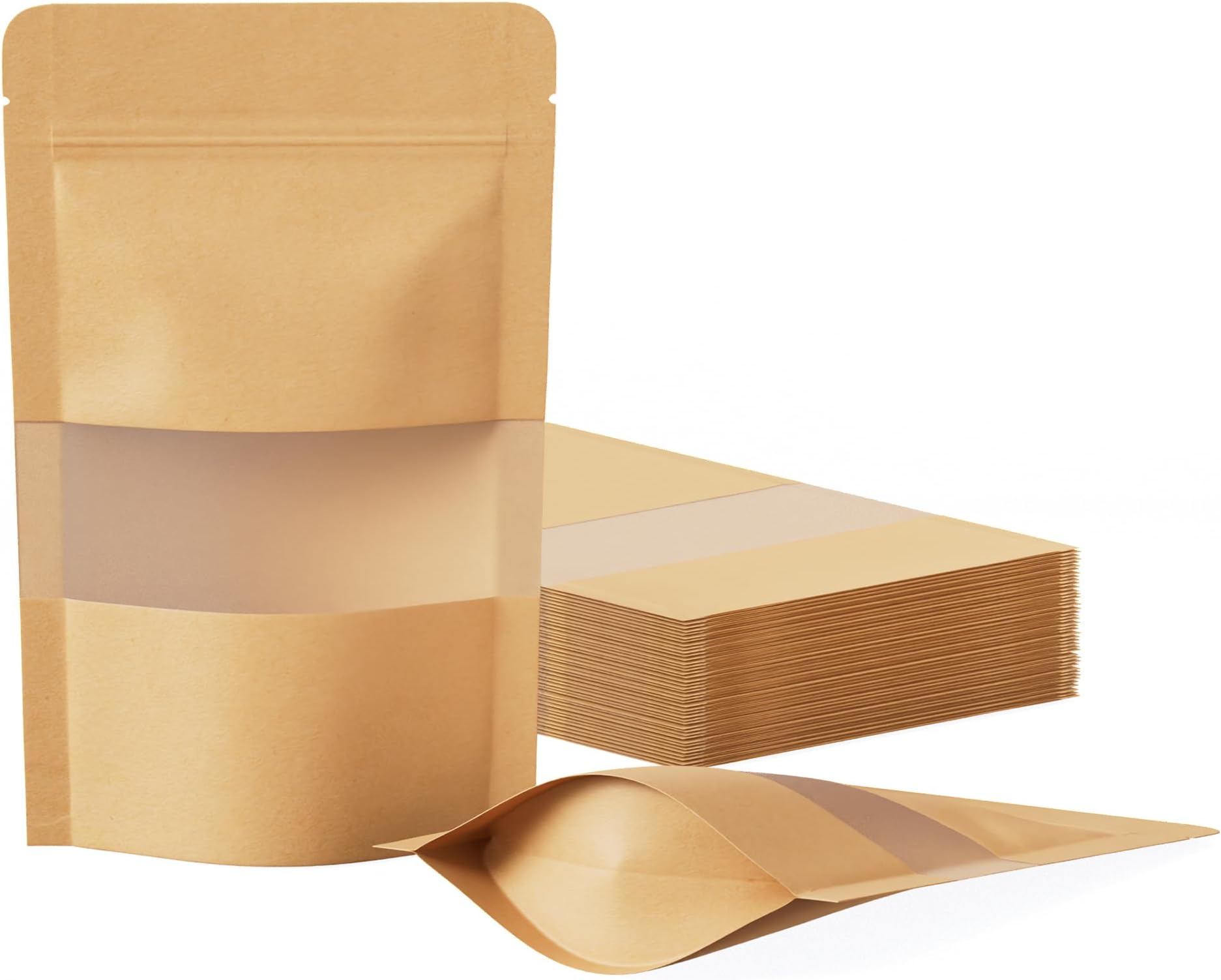 FireKylin 100 Pcs Resealable Bags, Paper Stand Up Pouches Bags with Matte Window for Small Businness, Zipper & Heat Sealable Treat Bags for Packaging(Inner Size 2.9" x 3"; Outer Size 3.5" x 5.5")