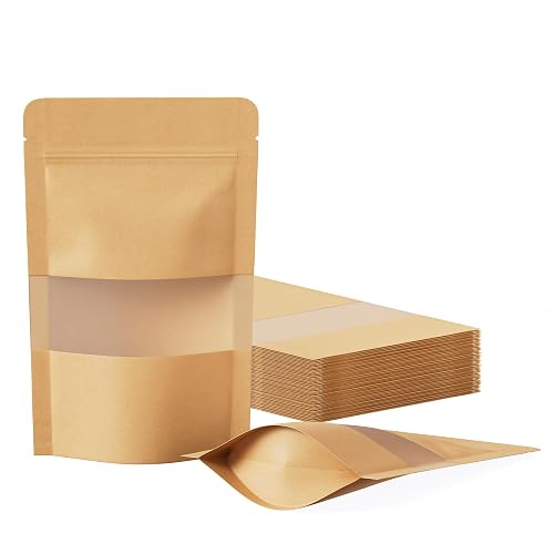 FireKylin 100 Pcs Resealable Bags, Matte Window, Paper, Brown,3.5 x 5.5 in | Stand Up Pouches, Zipper & Heat Sealable, Inner Size 2.9 x 3 in, Small Business, Food Safe,Treat Bags for Coffee Beans, Spice