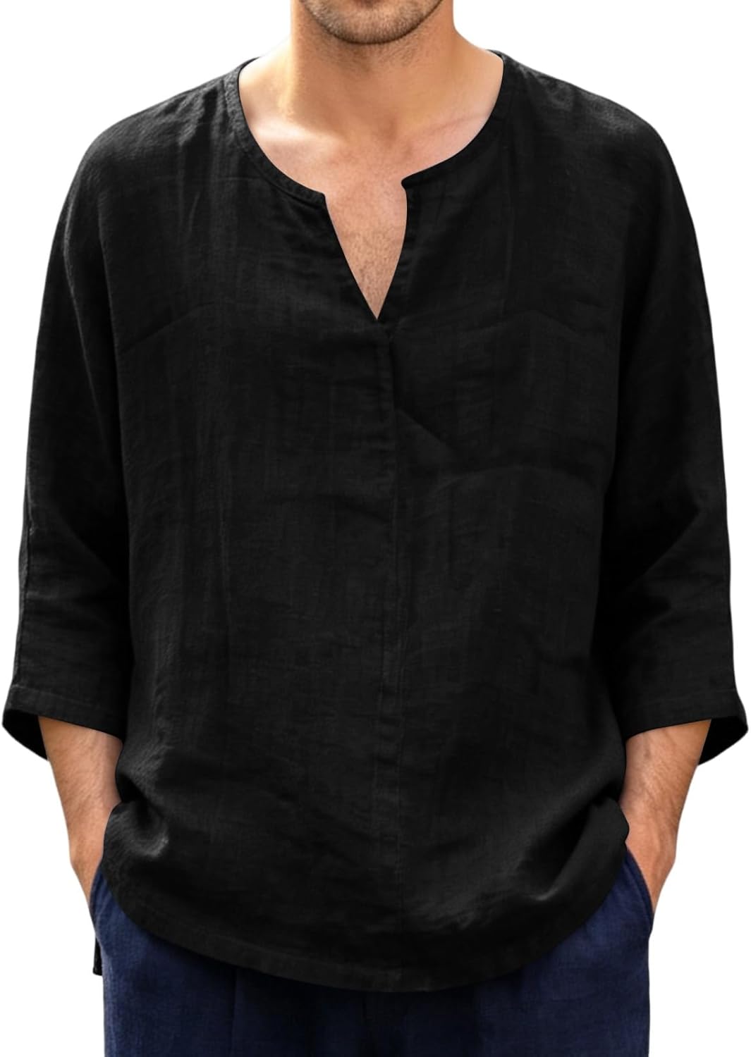 Ymosrh Mens Cotton Linen Shirts Solid Color Loose V-Neck 3/4 Sleeve Hawaiian Vacation Hippie Shirt