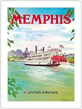 Memphis Tennessee - United Airlines - Mississippi River Paddlewheel Boat - Vintage Airline Travel Poster by Michael Hagel c.1970s - Eco-friendly Premium Hemp Paper 290gsm (Unframed) Art Print 18x24in
