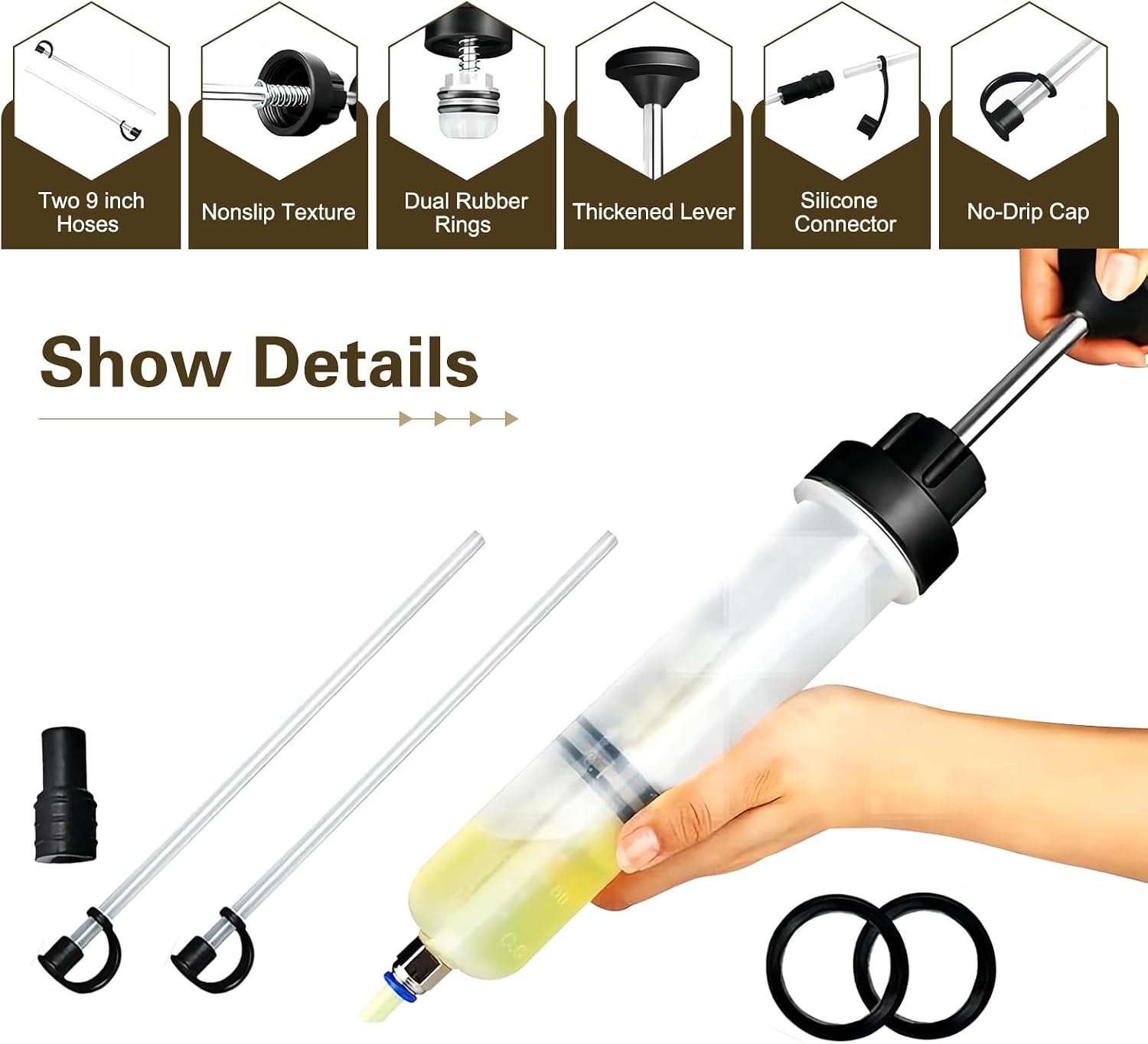 Car Power Steering Fluid Extractor, 200cc Oil Suction Pump, Manual Extraction Oil Syringe with 2 Hoses, Universal for Most Cars (White)