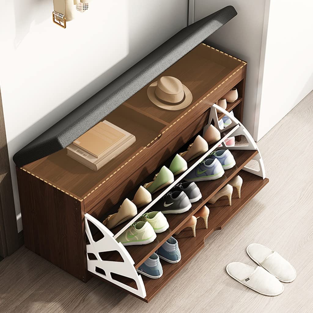 Banc de Rangement pour Chaussures à 3 Niveaux avec Coussin de Siège et Tiroir Rabattable en Bois