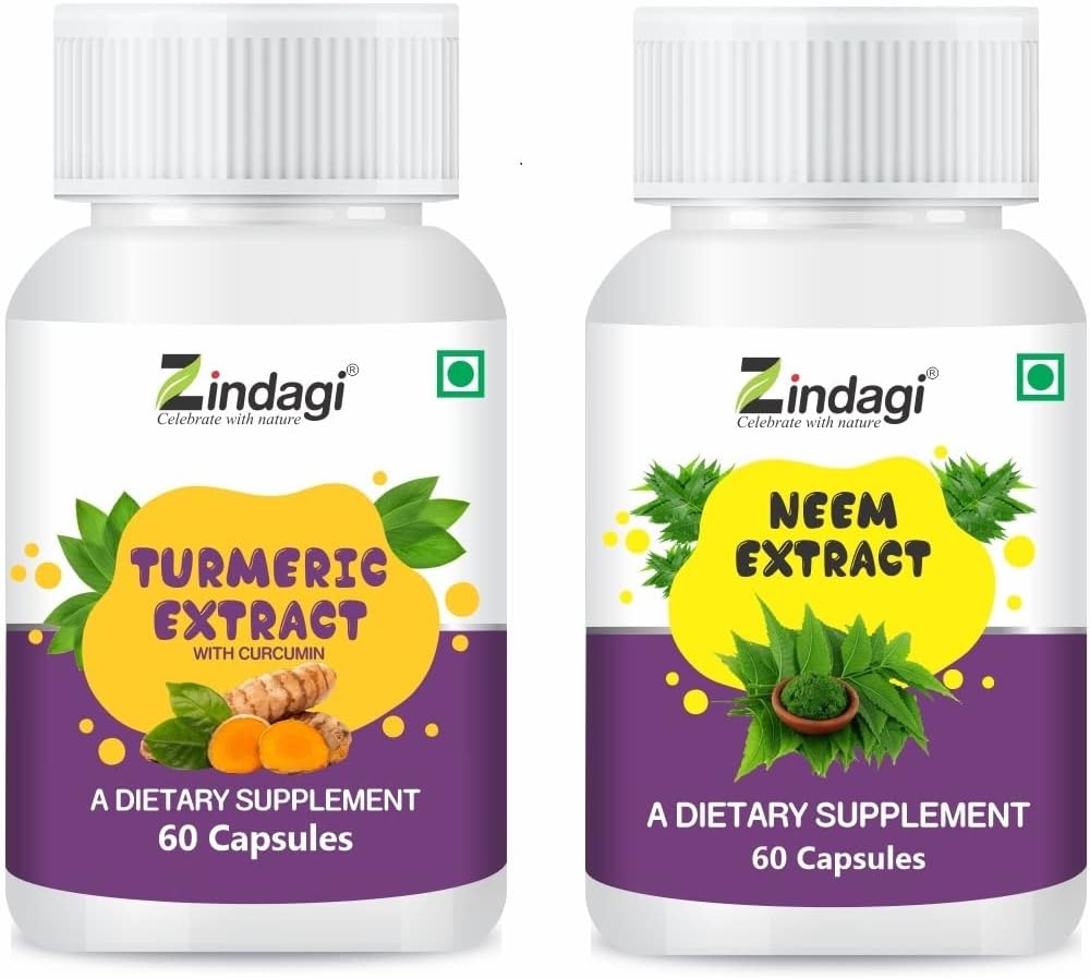 ZINDAGI Ndagi 100% Pure Neem Extract Capsules With Turmeric Extract Capsules With Curcumin - Powerful Antioxidant Capsules (Combo Pack)
