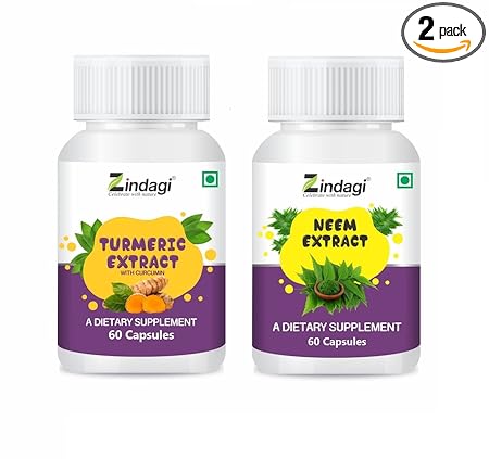Zindagi 100% Pure Neem Extract Capsules With Turmeric Extract Capsules With Curcumin - Powerful Antioxidant Capsules (Combo Pack)