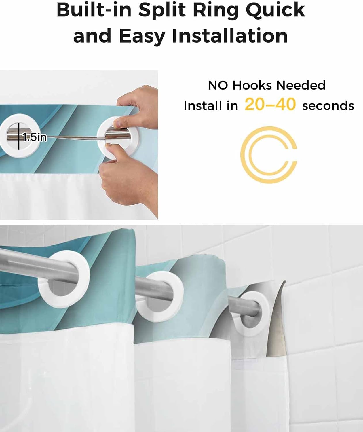 No Hook Abstract Ombre Shower Curtain with Snap in Liner, Turquoise Brown Cream Striped Shower Curtain for Bathroom Waterproof Modern Art Bath Curtain with See Through Mesh Top Window, 72" x 72"