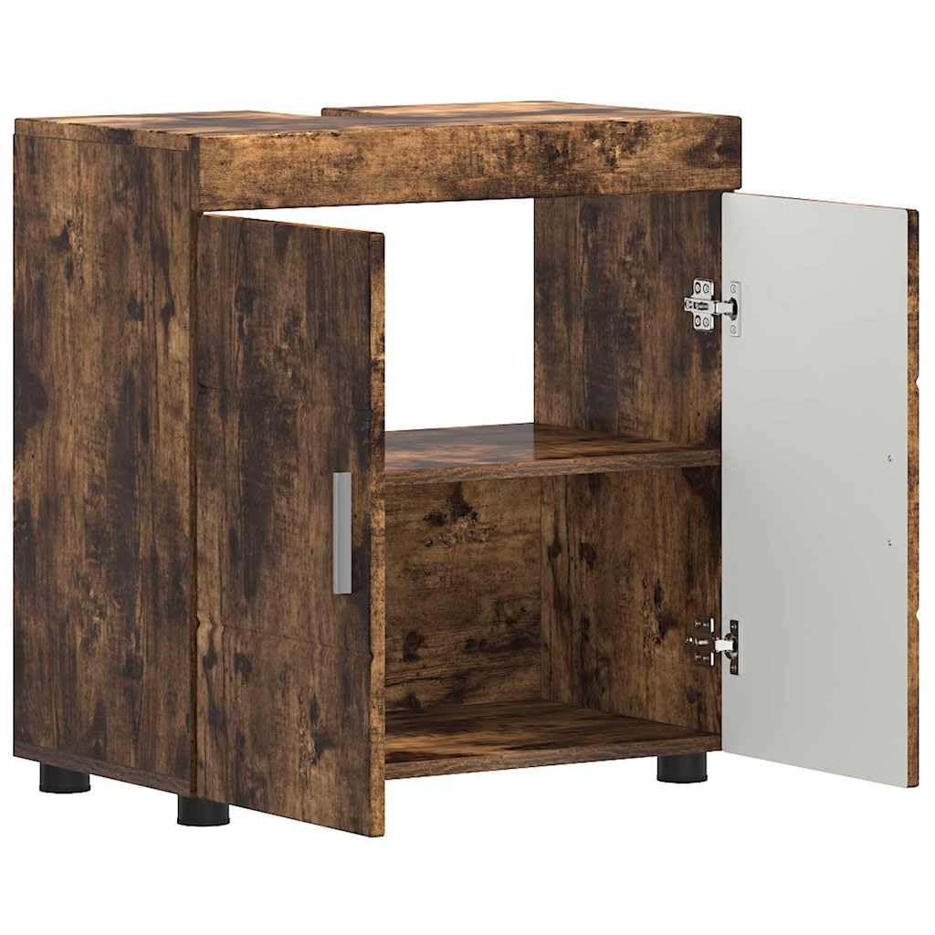 Tulum - Juego de lavabo para baño (roble ahumado, 60 x 34 x 63 cm, material de madera mate, muebles de baño con espacio de almacenamiento, moderno y duradero, para baños pequeños y