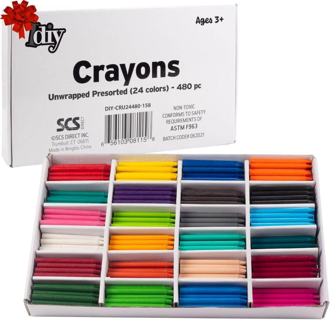 IDIY Unwrapped Bulk Wax Crayons 480 Count - 24 Assorted Colors (20 Each) Paperless & Pre-Sorted, Non-Toxic, ASTM Safety Tested for Kids, Teachers, Restaurants, Preschool Classroom Art Supplies