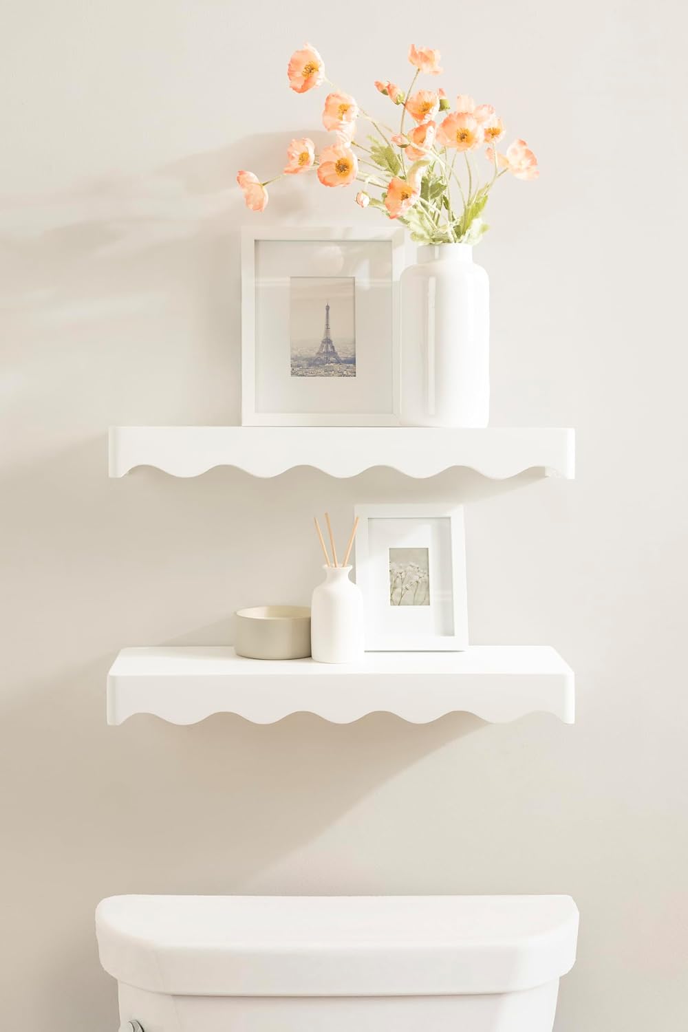 Kate and Laurel Maida Modern Decorative Wavy Wall Floating Shelves, Set of 2, 24 x 8, White, Functional Scalloped Kitchen and Bathroom Shelves for Above Toilet or Cute Nursery Bookshelves