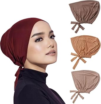 4 Pcs Women Hijab Undercap Islamic Muslim Inner Beanies Cap with Tie Back Closure, Adjustable Underscarf Hat Chemo Turban CapColor#2