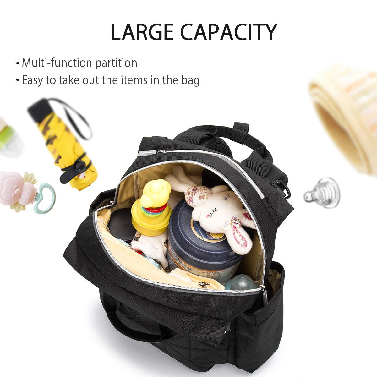 SONARIN Elegante impermeabile Zaino Fasciatoio Bambino per Pannolini,con fasciatoio,Cinturino per passeggino,Organizer per Zaino da Viaggio,Interfaccia USB,Grande Capacità(Nero)