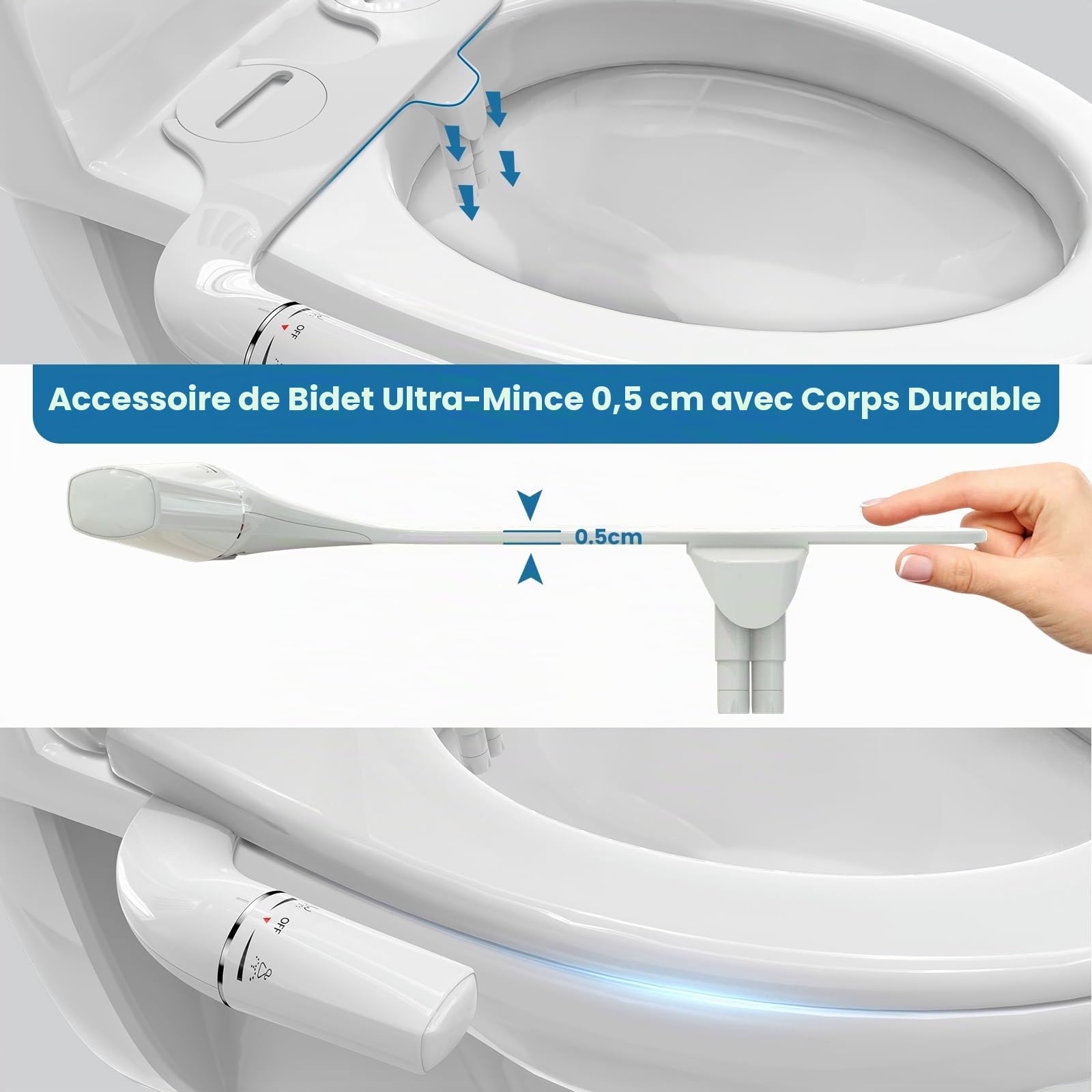 Ultra-thin Bidet Toilette WC, Kit Abattant WC Japonais Bidet De Salle De Bain, Pulvérisateur De Bidet Boku, Buse Rétractable（Anti-colmatage） Et Pression D'eau Réglable, Eau Froide, Blanc