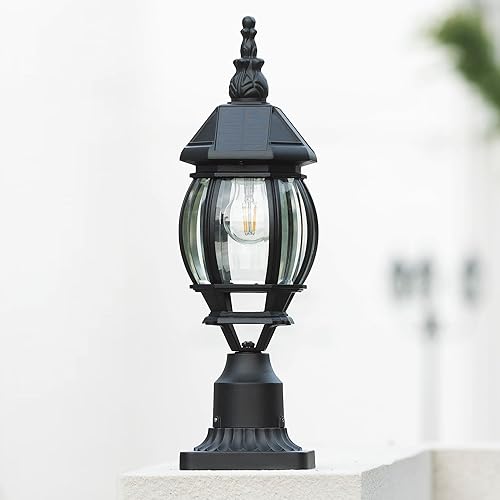 Miniatura 8 de LUTEC Luz solar de poste con base de montaje en muelle, lámpara de aluminio del atardecer al amanecer, valla solar negra exterior impermeable para