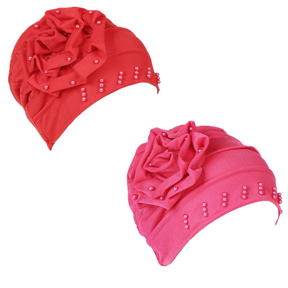ZuoChen Turban Cotton Scarf Head Wrap Scarfs for Women Hat Beading Pearl Rose Detail (red+Rose red)