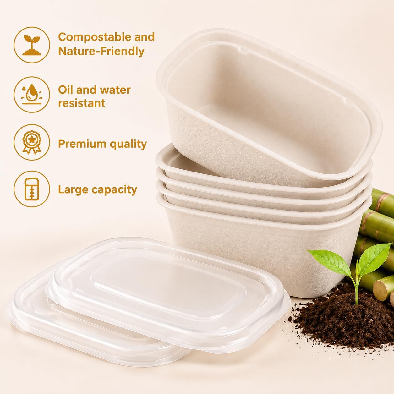 Jeffbaubl 50 Pack Large Paper Bowls with Lids,Disposable Bowls,32 OZ,Brown image 3