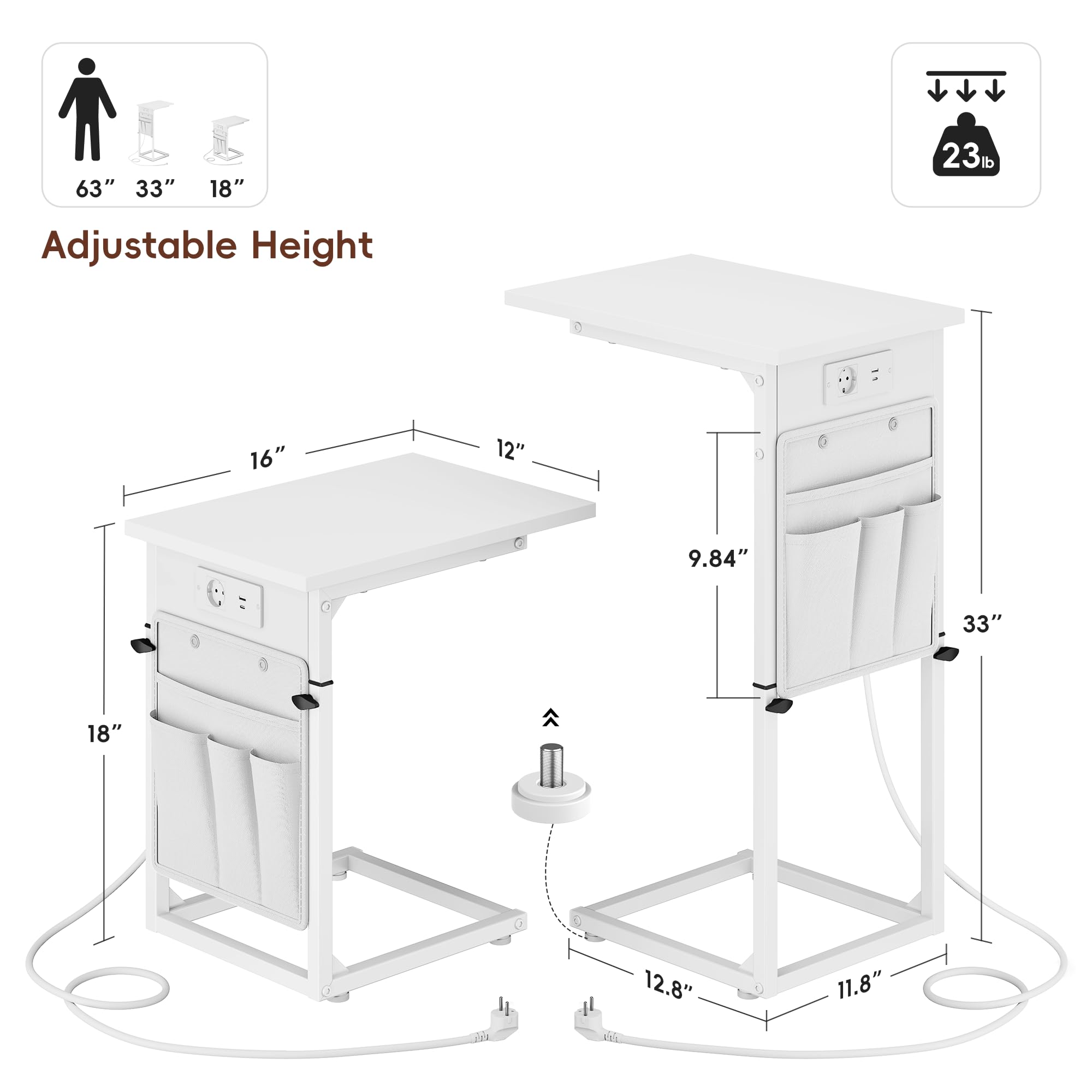 Vagusicc Beistelltisch, Schmaler C Form mit Steckdose, Couchtisch, Höhenverstellbar 52-85cm, Sofatisch Beistelltisch, mobiler Kaffeetisch, Laptoptisch Nachttisch für Schlafzimmer, Wohnzimmer, Weiß
