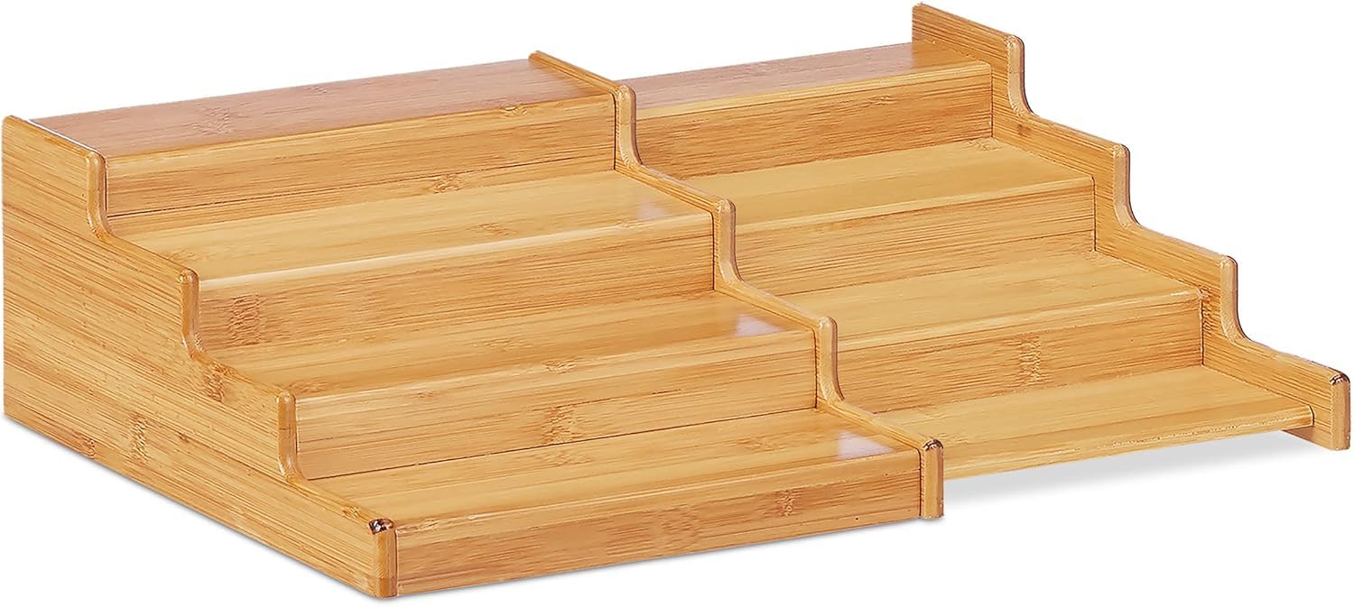 MantraRaj Bamboo Expandable Spice Rack Organizer 4-Tier Kitchen Cabinet Space Saver Countertop Display Shelf Spice Holder for Pantry, Countertop, Cabinet Organized