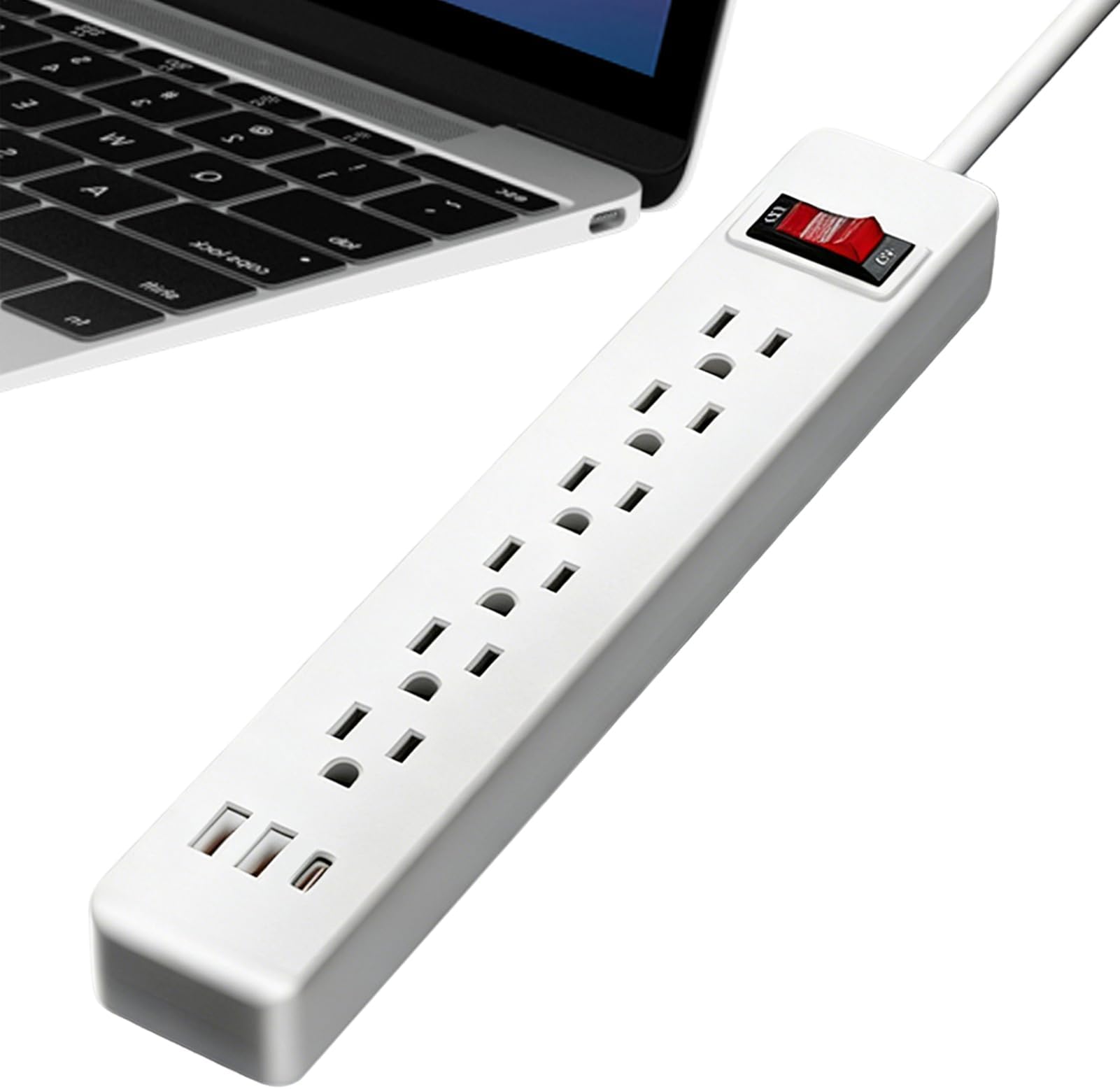 Power Strip - 6-Outlet Flat Plug Charging Station - 4.9ft Extension Cord Flat Plug Strip with 2 USB and 1 Type C Port | for Desk Home Dorm Computer Laptop Multiple Devices