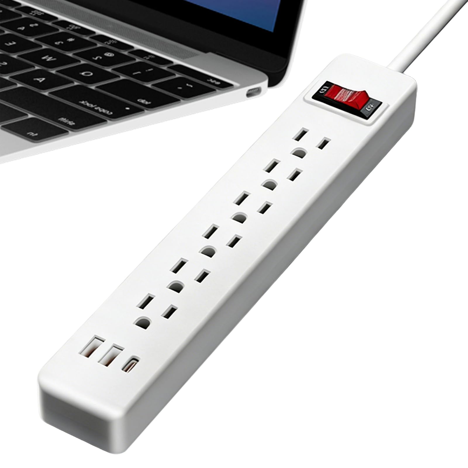 Power Strip - 6-Outlet Flat Plug Charging Station - 4.9ft Extension Cord Flat Plug Strip with 2 USB and 1 Type C Port | for Desk Home Dorm Computer Laptop Multiple Devices