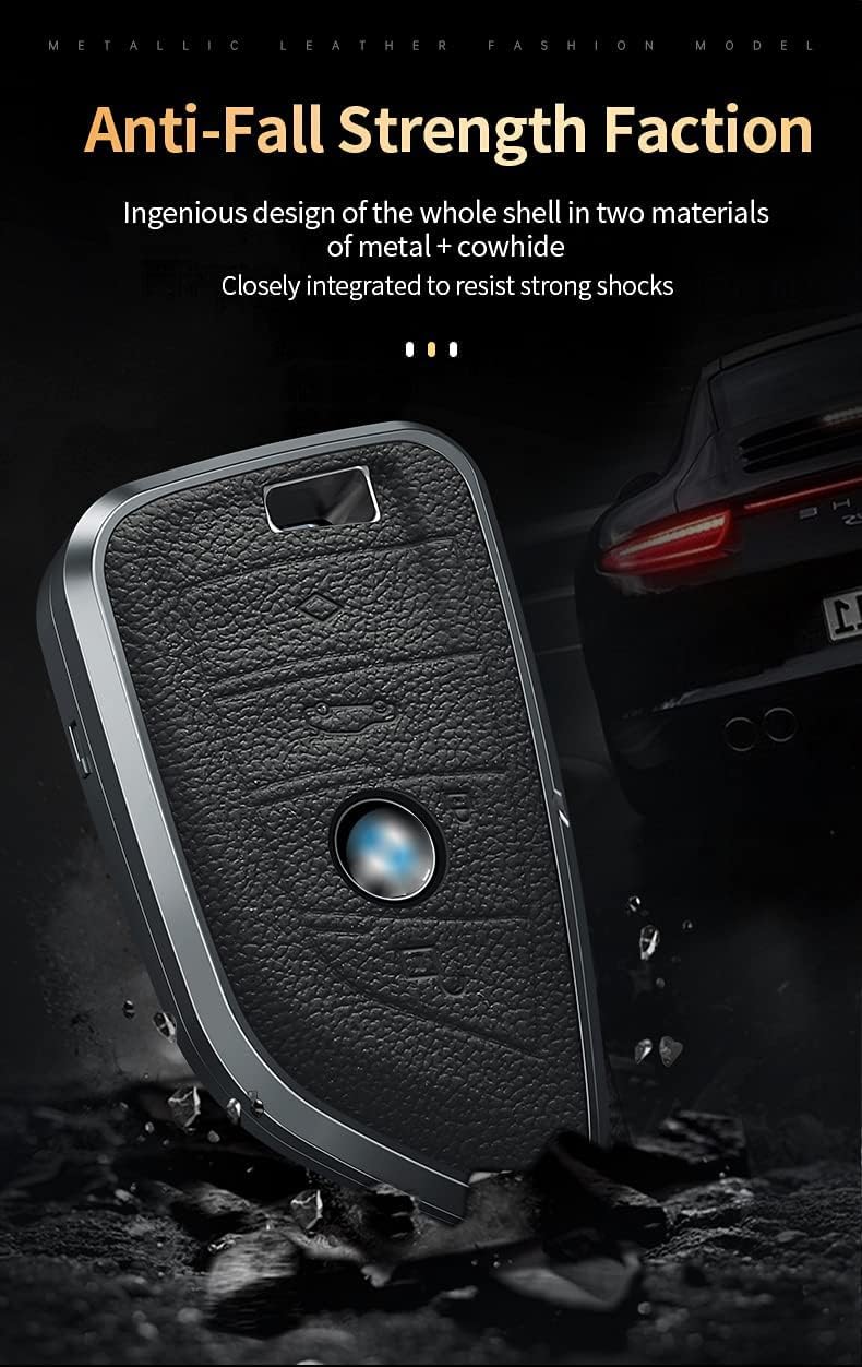 HIBEYO For BMW Key Fob Case For BMW 2 5 6 7 Series X1 X2 X3 X5 X6 Key Fob Cover Metal Leather Anti-dust Protective Shell Smart Remote Control Keyless Keychain Auto Key Accessories-blue