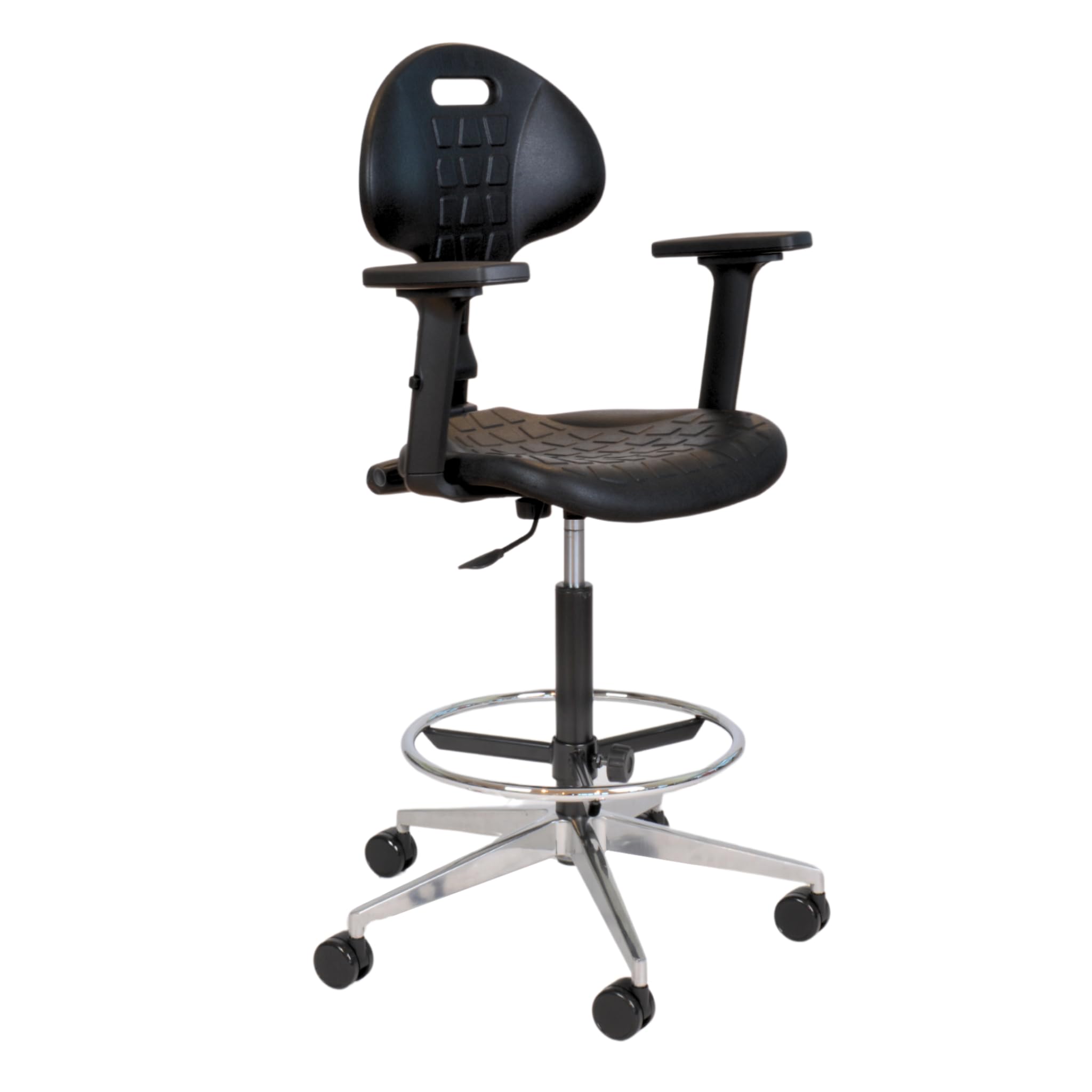 Topsit IND010102+AL - Silla de trabajo de poliuretano con reposabrazos, altura regulable y respaldo ajustable, base de aluminio resistente, reposapiés ajustable, ruedas de 65 mm